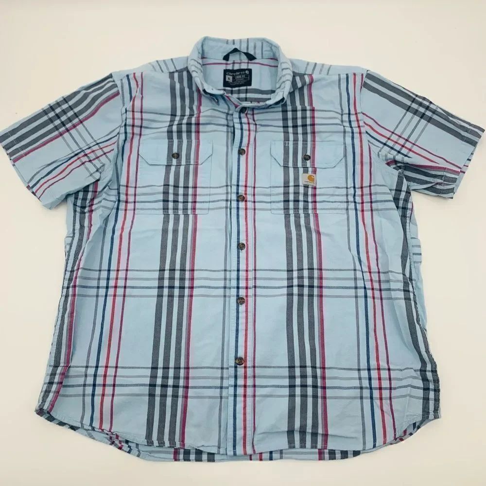 Carhartt Shirt Men's Size XL Plaid Button-Down Loose Fit Short Sleeve Blue